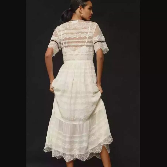 By Anthropologie Short Sleeve Button Front Lace Midi Dress Size 14 NWT - Picture 2 of 8